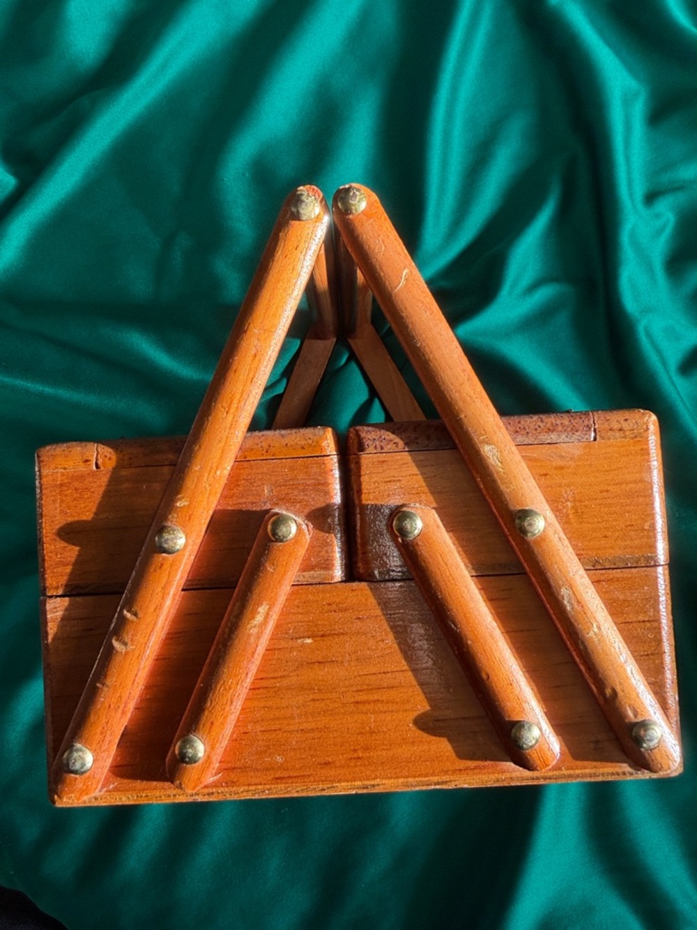 Hand Crafted Wooden Sewing Box with Painted Folk Figures - Brown